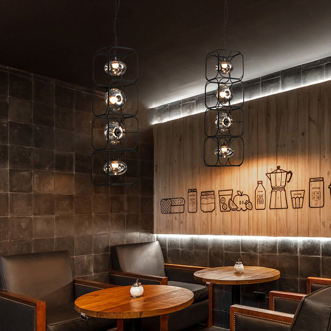 Magic Cube Caged Geometric Pendant — Black Iron, Smoked Glass, LED, 7W–28W, 1- to 4-Light