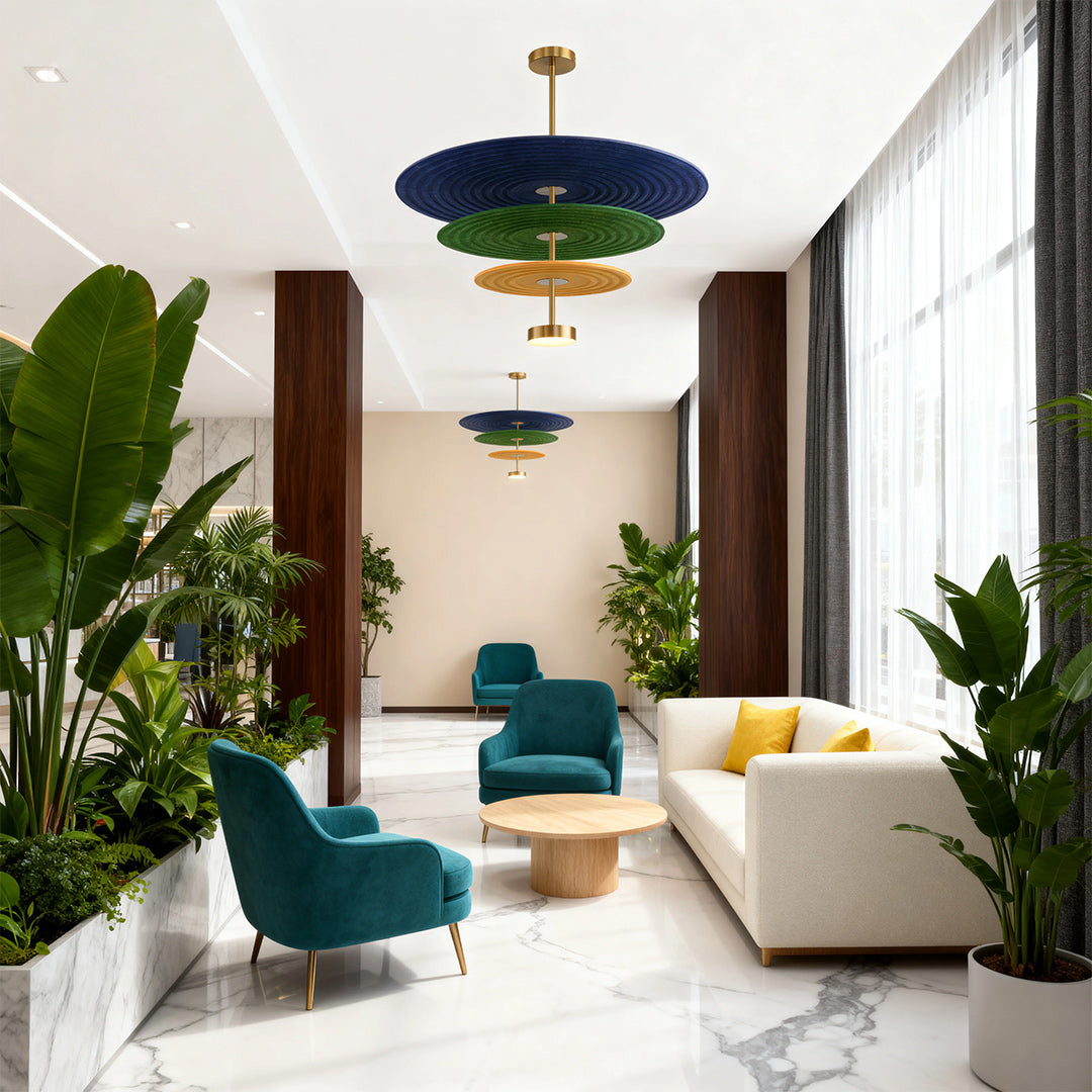 Three-Tier Acoustic Felt Chandelier — PET Felt and Iron, 12W LED, 4000K, 80/60/40cm Rings, Adjustable Hanging