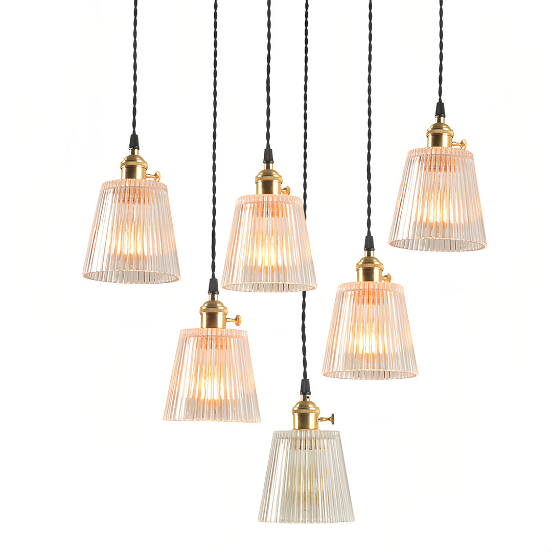Minimalist Brass Mini Pendant — Clear Striped Glass, E26, 1-Light, Adjustable 1.4m Cord