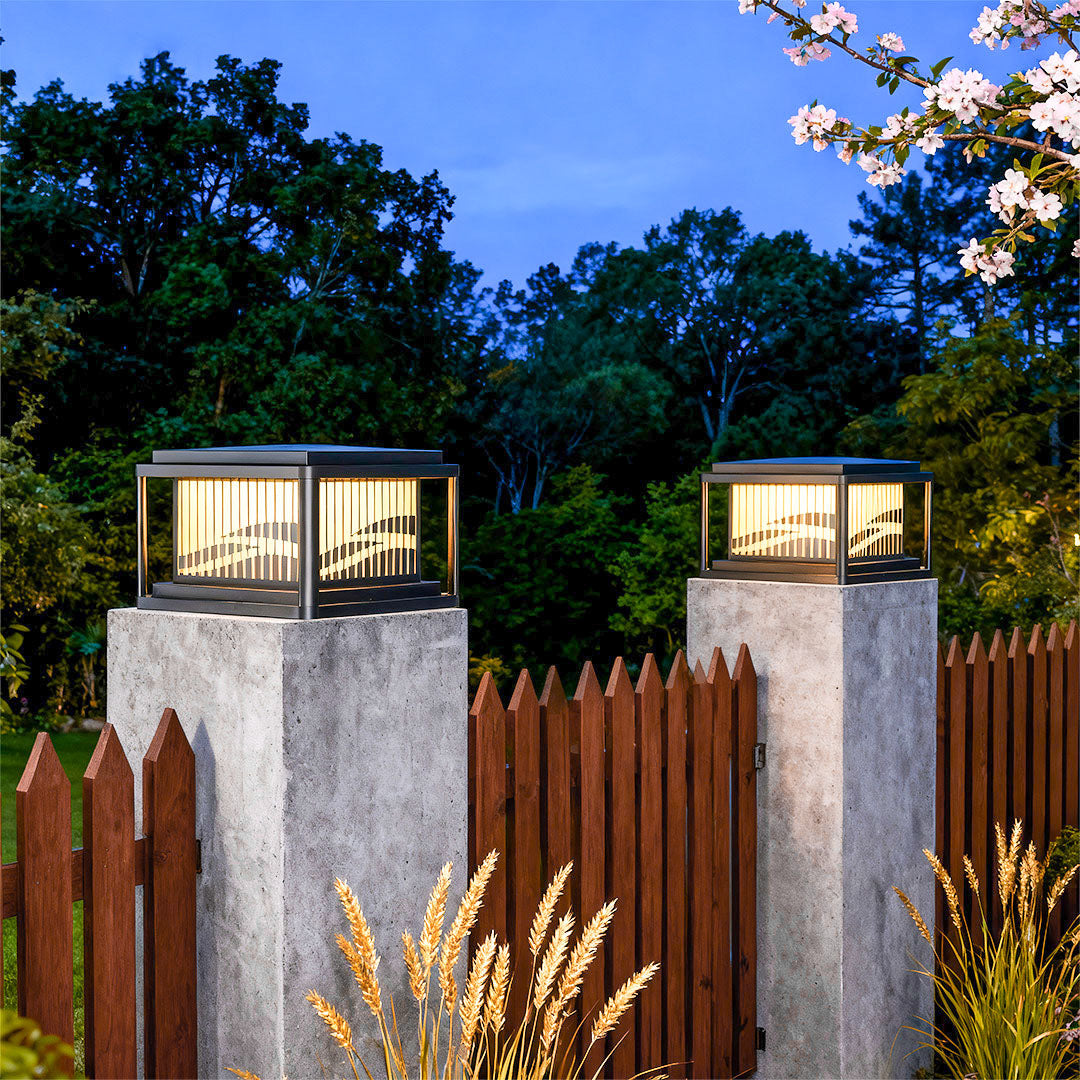 Contemporary Wave-Pattern Outdoor Pillar Light — Aluminum & Acrylic, Solar / Hardwired, Four-Color LED, IP54, 9.8"–15.8"