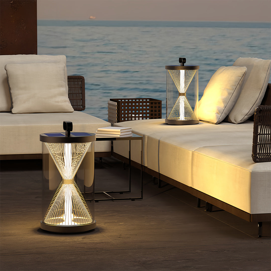 Hourglass Portable Outdoor Lantern — Black Stainless Steel, IP65, Plug-in or Solar, 13.2" / 23.6"