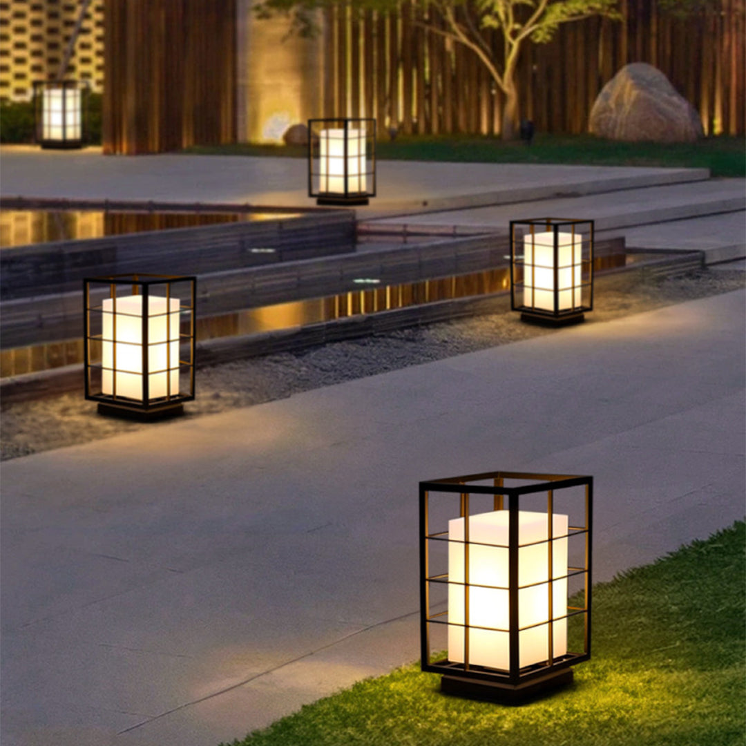 Square Japanese Outdoor Bollard Lantern — Stainless Steel & Acrylic, 10W LED, 3000K, IP65, 11.81" Hardwired