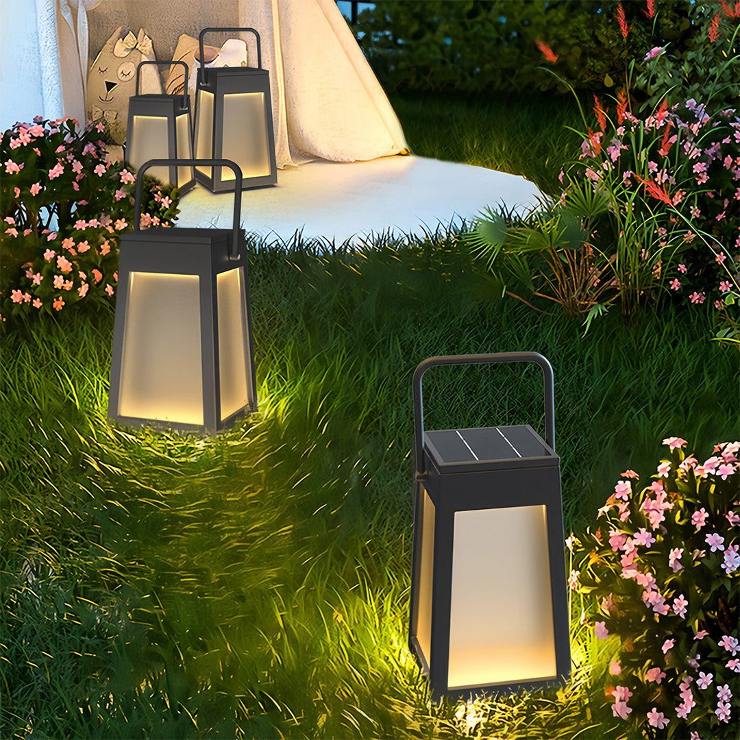 Portable Camping Lantern — Stainless Steel, Black, LED Warm Light, Solar or USB Rechargeable, IP65 Weatherproof, 13" & 15.8"