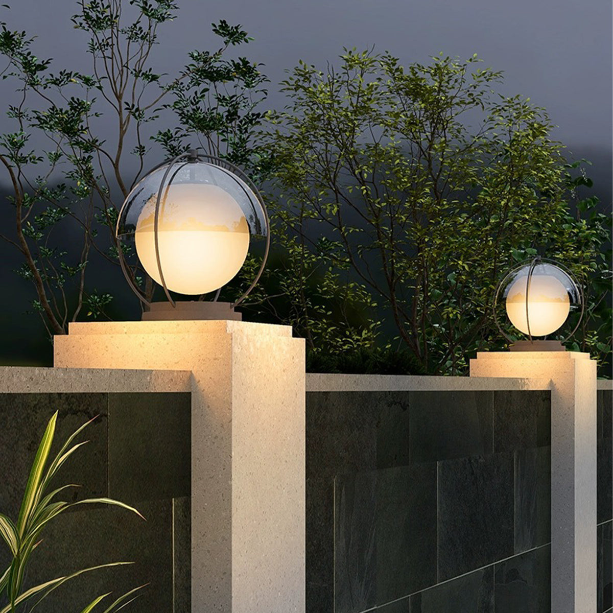 Modern Minimalist Globe Outdoor Pillar Light — Metal & PMMA, LED 3000K, Solar or Hardwired, Weatherproof