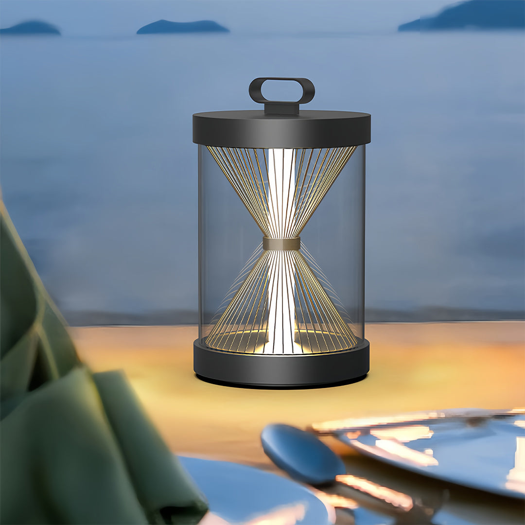 Hourglass Portable Outdoor Lantern — Black Stainless Steel, IP65, Plug-in or Solar, 13.2" / 23.6"