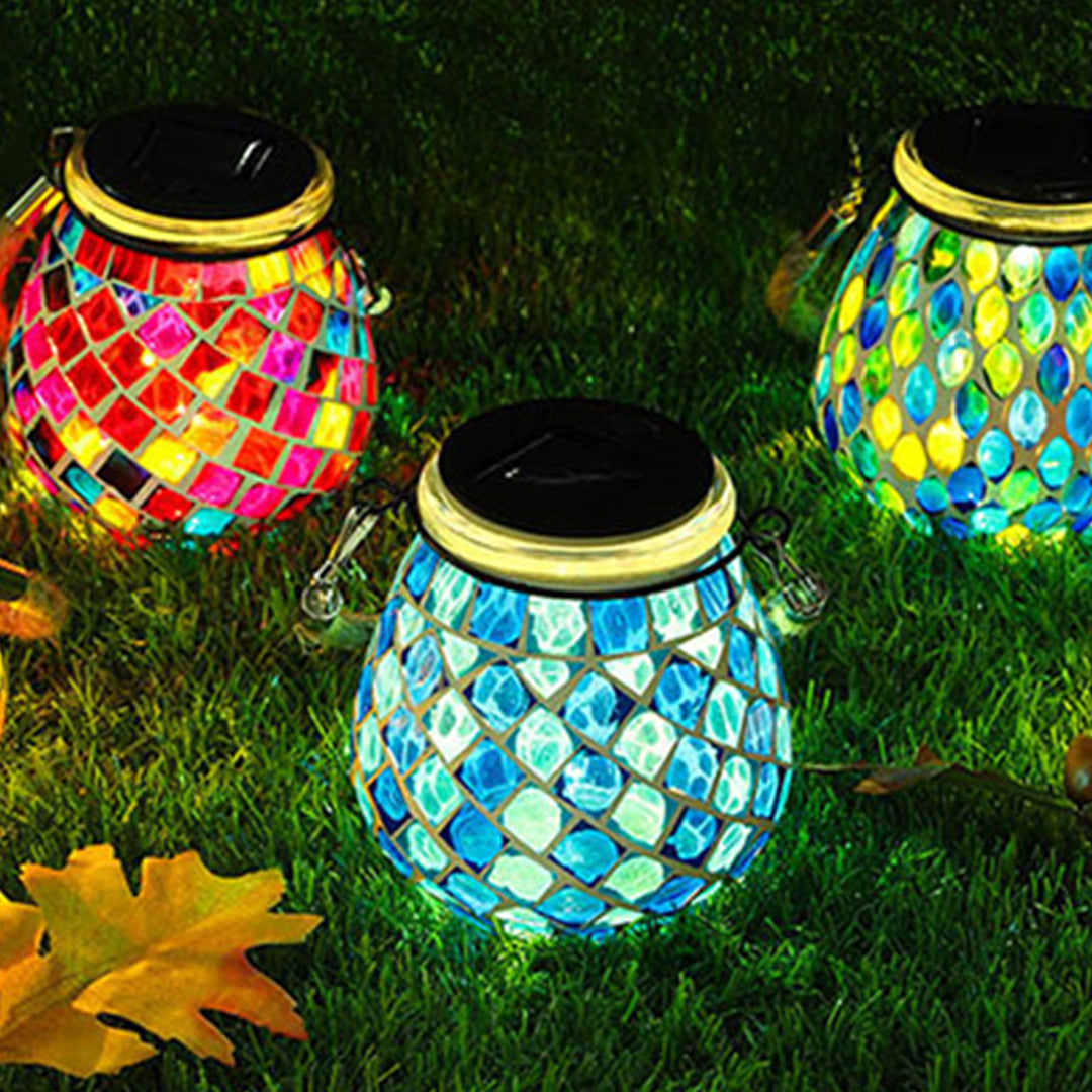 Stained Glass Mosaic Solar Lantern — Handcrafted, LED, IP65 Weatherproof, Dusk-to-Dawn, Hanging or Tabletop