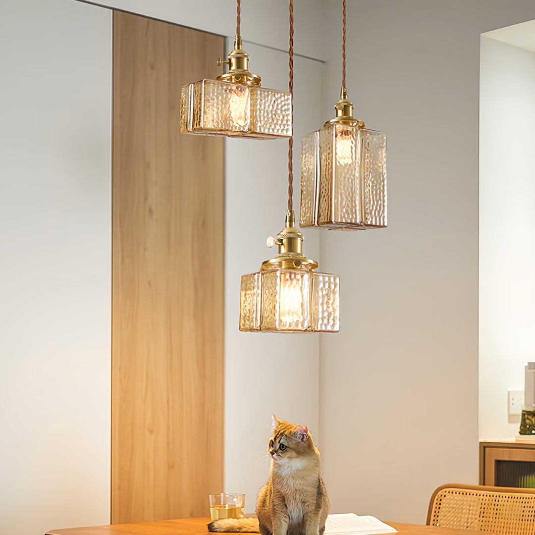 Vintage Brass and Glass Square Mini Pendant — Japandi Zen, Amber or Clear Glass, 3-Step Dimming, 2-Meter Adjustable Cord