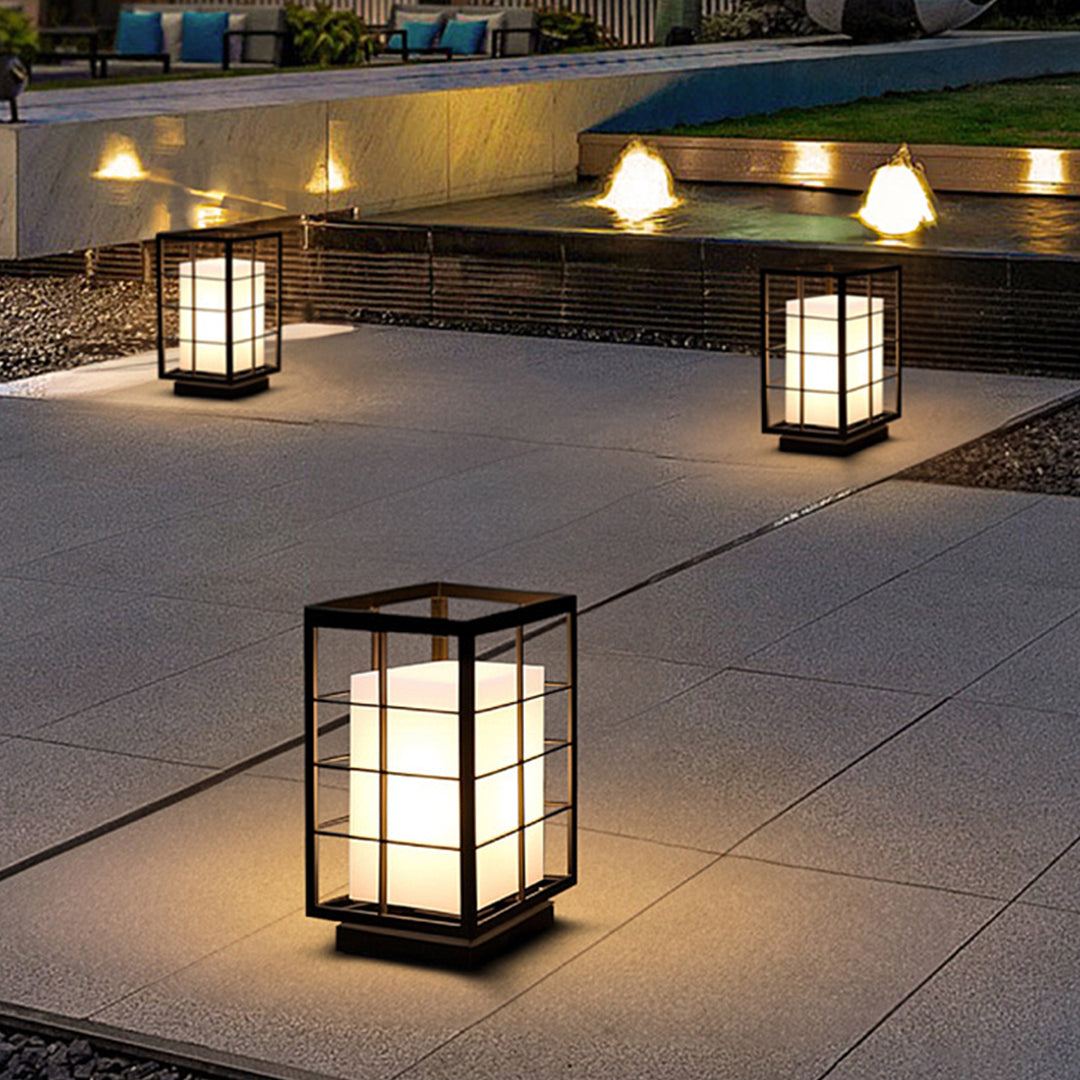 Square Japanese Outdoor Bollard Lantern — Stainless Steel & Acrylic, 10W LED, 3000K, IP65, 11.81" Hardwired