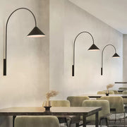 Long-Arm Wall Sconce — Black Iron, E14, Interchangeable Round Glass or Trumpet Shade, Three-Step Dimming, Hardwired