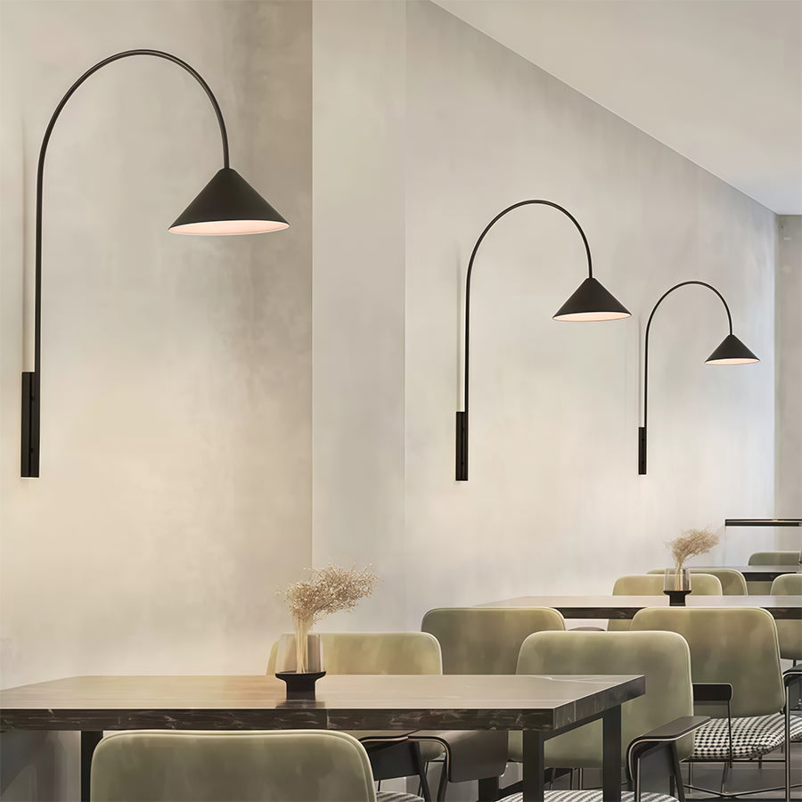 Long-Arm Wall Sconce — Black Iron, E14, Interchangeable Round Glass or Trumpet Shade, Three-Step Dimming, Hardwired
