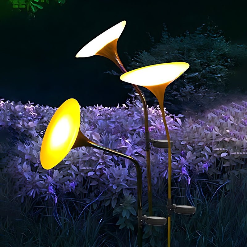 Mushroom Solar Lawn Light — Stainless Steel & Acrylic, Black & Gold, LED 3000K, IP65, Adjustable Pole, 5.9" × 33.5"