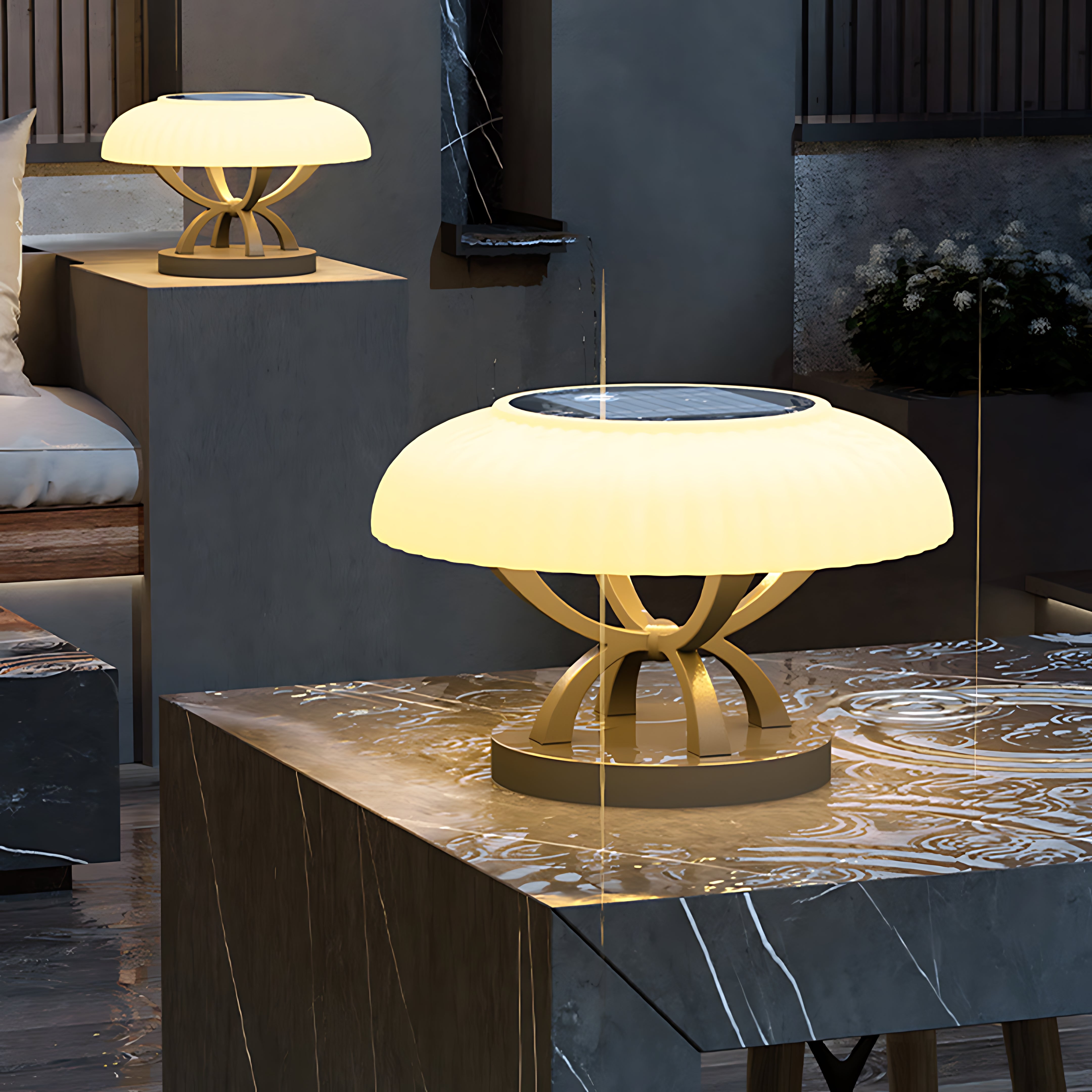 Modern Arc Column Pillar Light — Stainless Steel, PE Shade, LED 3000K, IP65, Solar / Hardwired