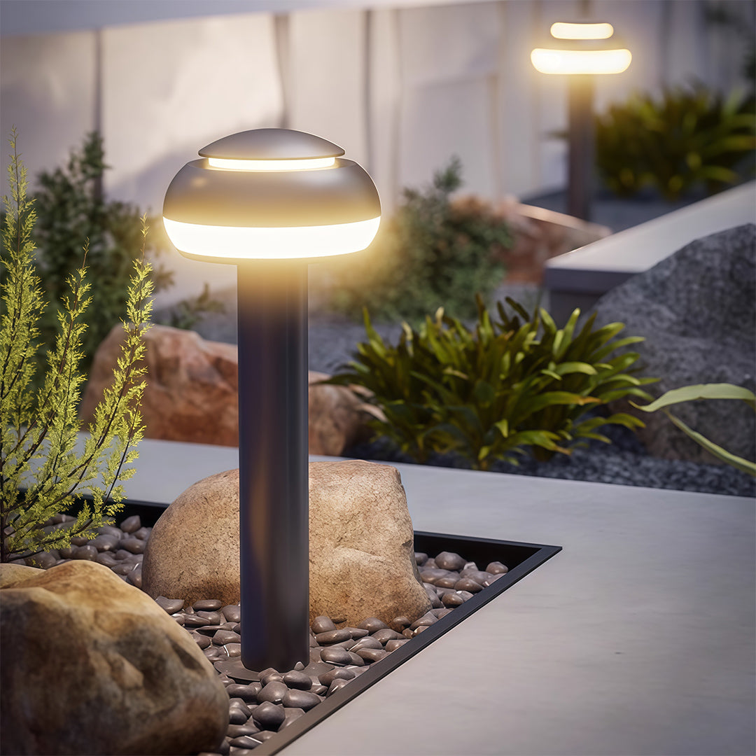 Mushroom Bollard Path Light — Black Aluminum, Integrated LED, IP54, 3 Heights (400–800mm)