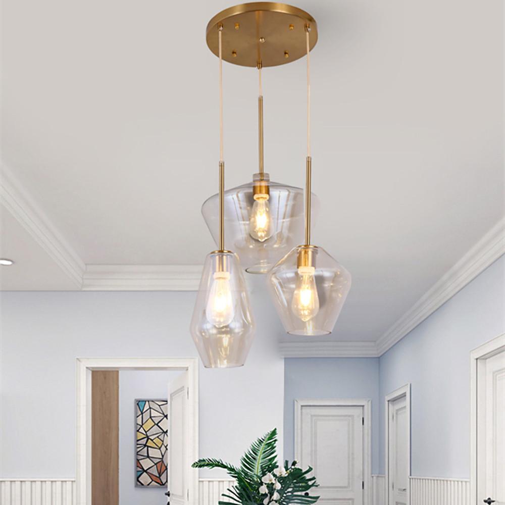 3-Light Retro Glass Pendant — Metal Base, LED Warm White 3200K, 12" Diameter, Kitchen Island