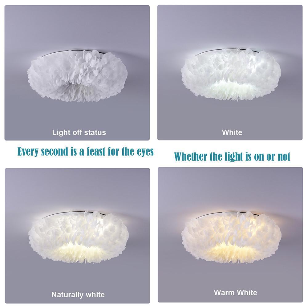 Round Feather Flush-Mount Chandelier — Metal, E27 LED, 3-Step Dimming, 6-Light or 8-Light, 20"–28"