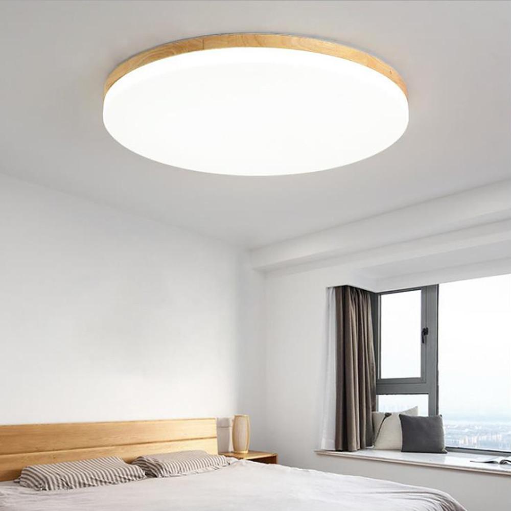 Circular Minimalist Flush-Mount Ceiling Light — Wood and Acrylic, LED, 3000K/6000K, Dimmable with Remote, 10"–19"