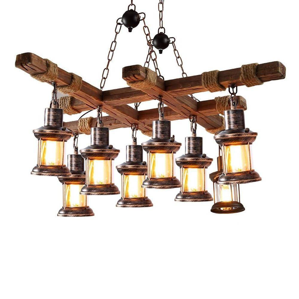 Vintage Farmhouse Geometric Chandelier — Wood and Glass, 39" Adjustable Cord, LED-Compatible