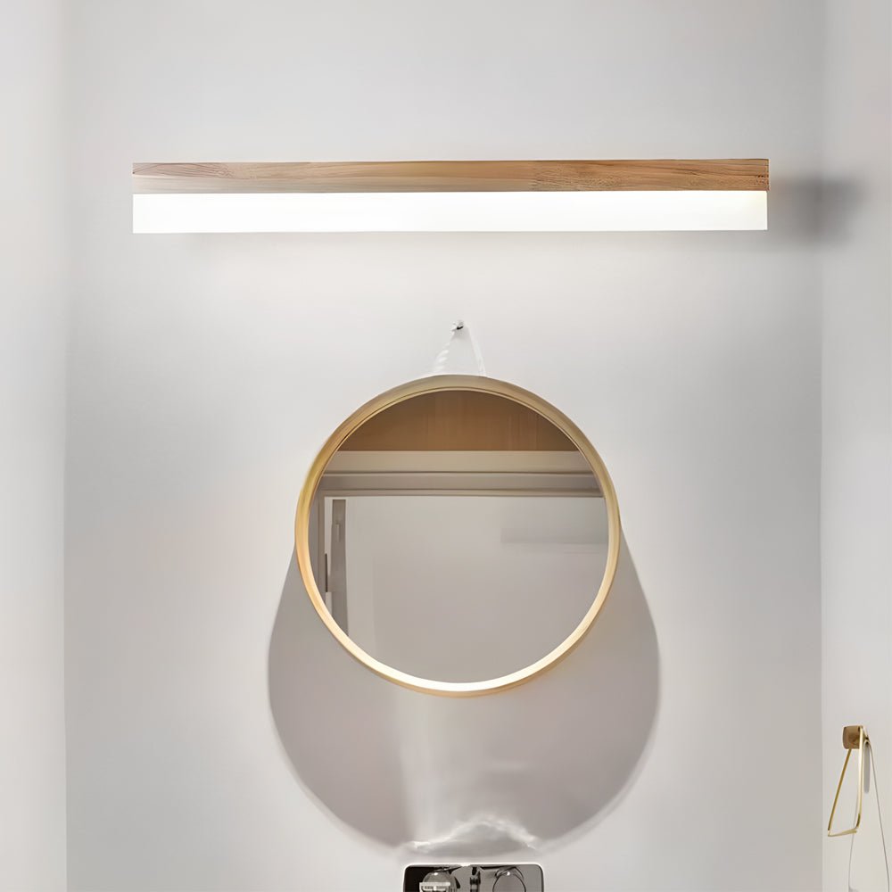 Wooden LED Bathroom Vanity Light Bar — Natural Wood and Plastic Shade, 16", 23", or 31"