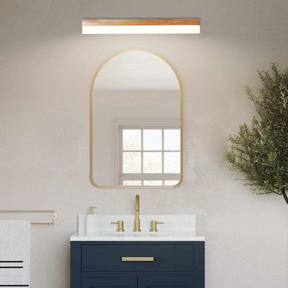 Wooden LED Bathroom Vanity Light Bar — Natural Wood and Plastic Shade, 16", 23", or 31"