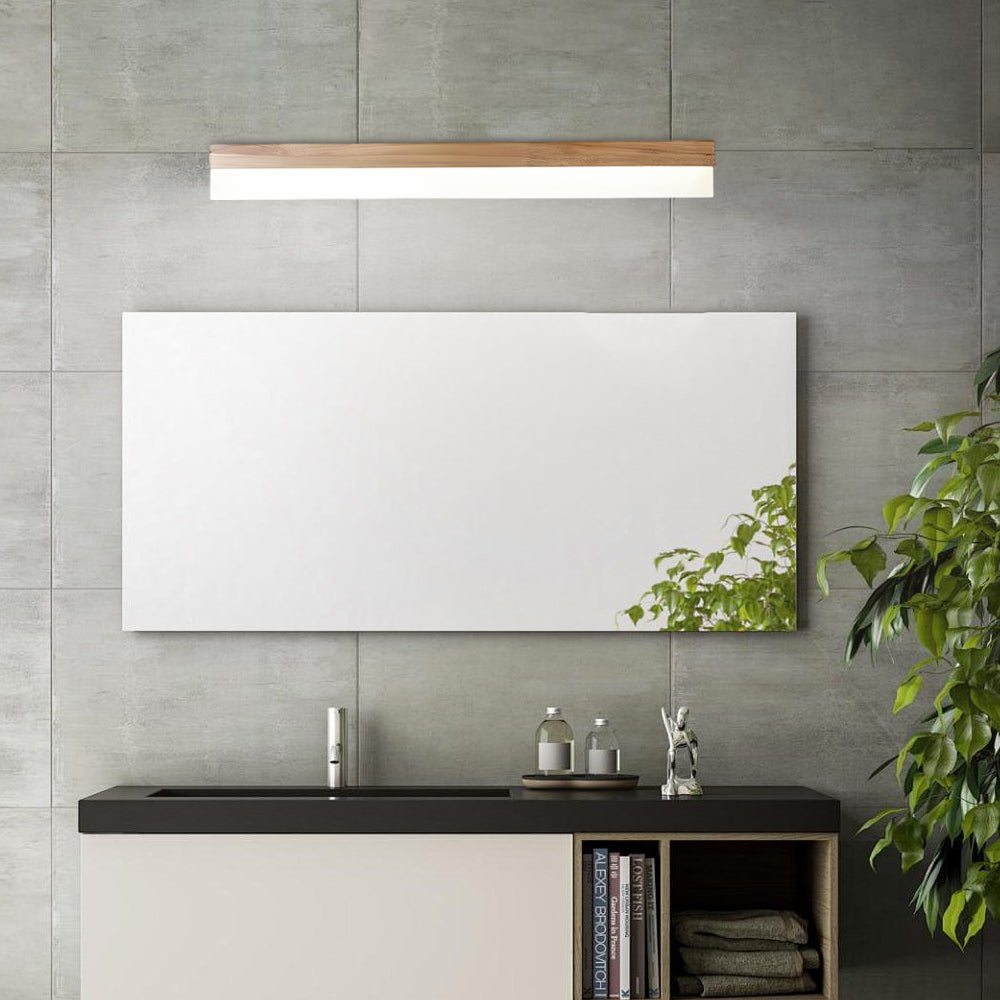 Wooden LED Bathroom Vanity Light Bar — Natural Wood and Plastic Shade, 16", 23", or 31"