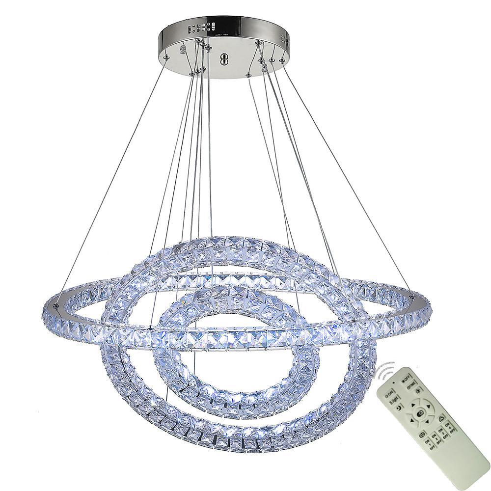 3-Tier Geometric Ring Crystal Chandelier — Chrome, LED, Dimmable, Remote Control, 11.8"+19.7"+27.6" Stacked Tiers