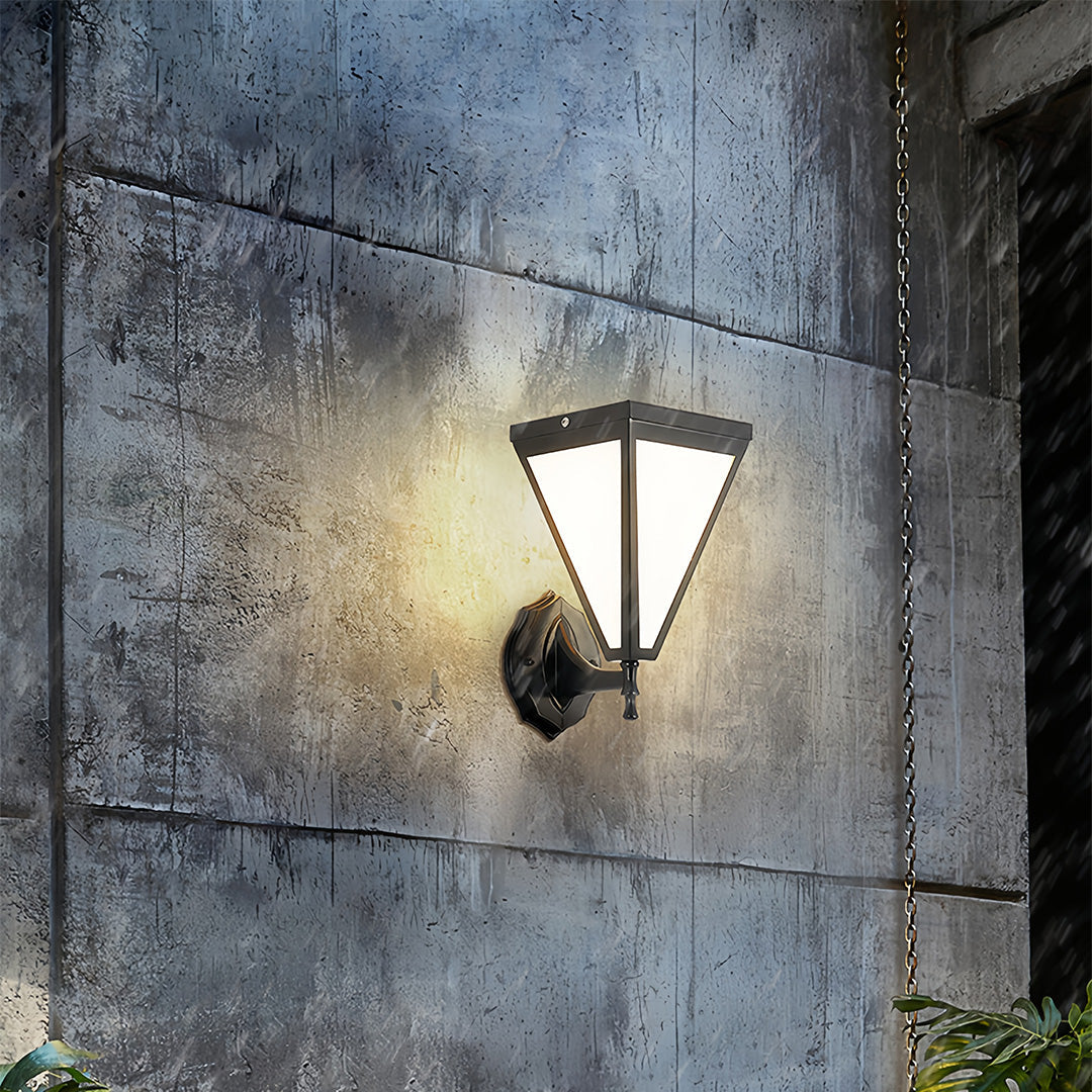 Minimalist Solar Outdoor Wall Sconce — Iron, White Acrylic Shade, 5W LED, 2200mAh, IP65, Remote Control