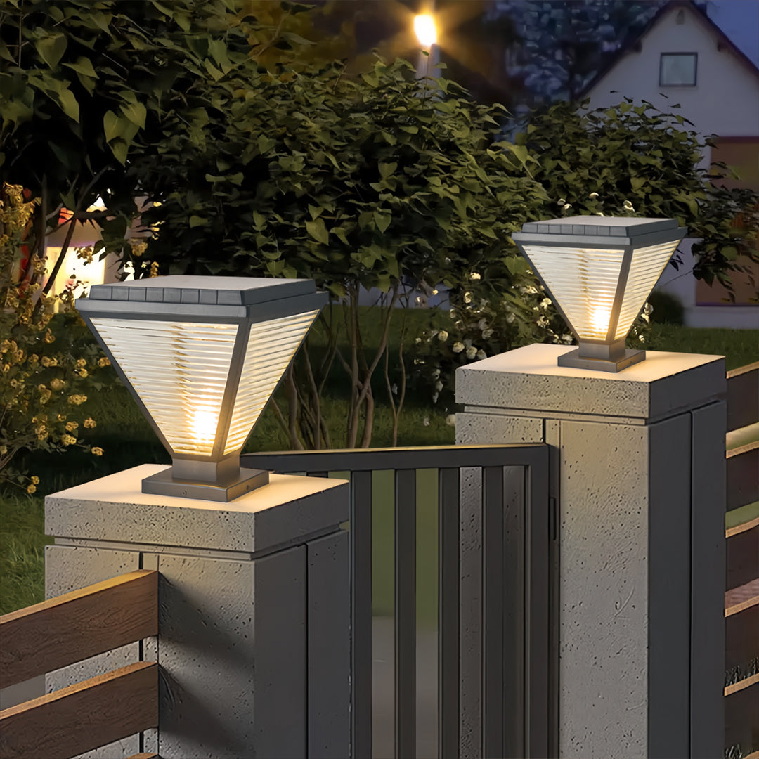 Modern Outdoor LED Pillar Light — Black Aluminum and Clear Glass, Solar / Hardwired, IP65, 4 Sizes