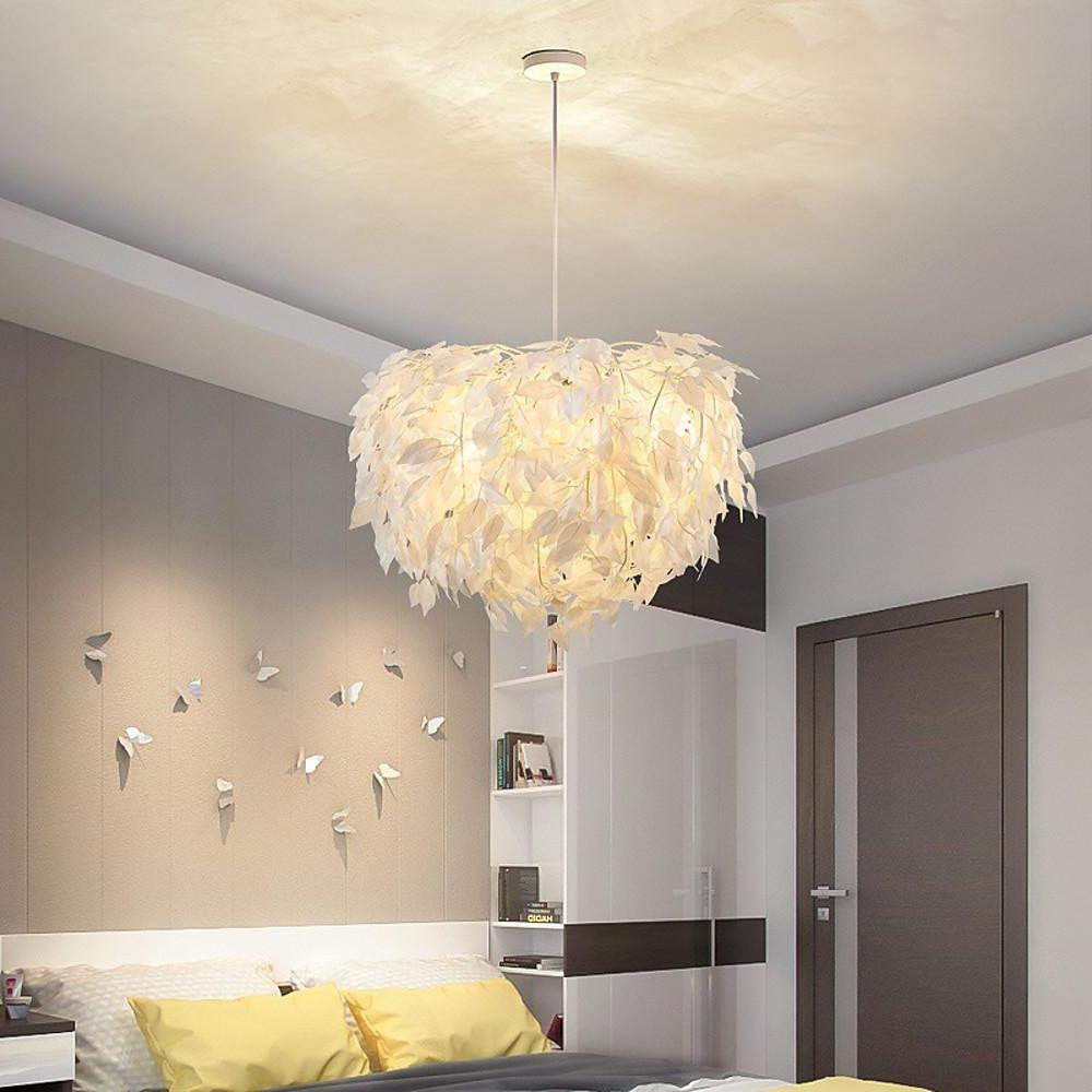 Feather Fabric Pendant Light — Iron Frame, 24" Dia., 4-Light, Dimmable 3000–5400K, White & Gold