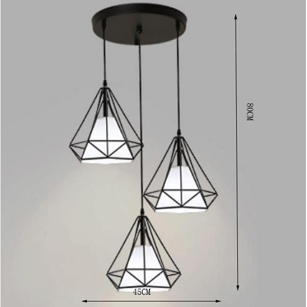 Geometric Metal and Fabric Lantern Cluster Pendant — Black Finish, 3-Light LED, 6000K, 20" Wide