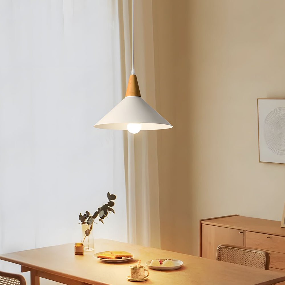 nordic metal cone pendant light in white with wooden top 1 light design