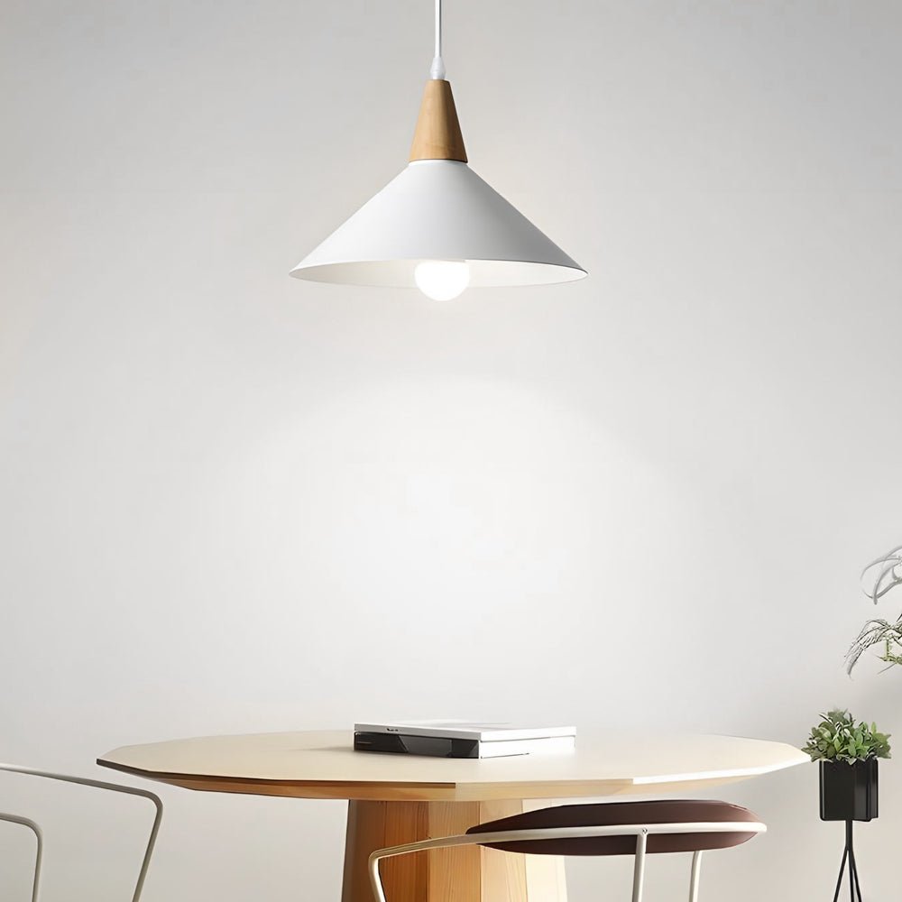 nordic metal cone pendant light in white with wooden top 1 light design