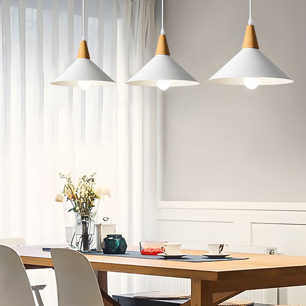 nordic metal cone pendant light in white with wooden top 1 light design