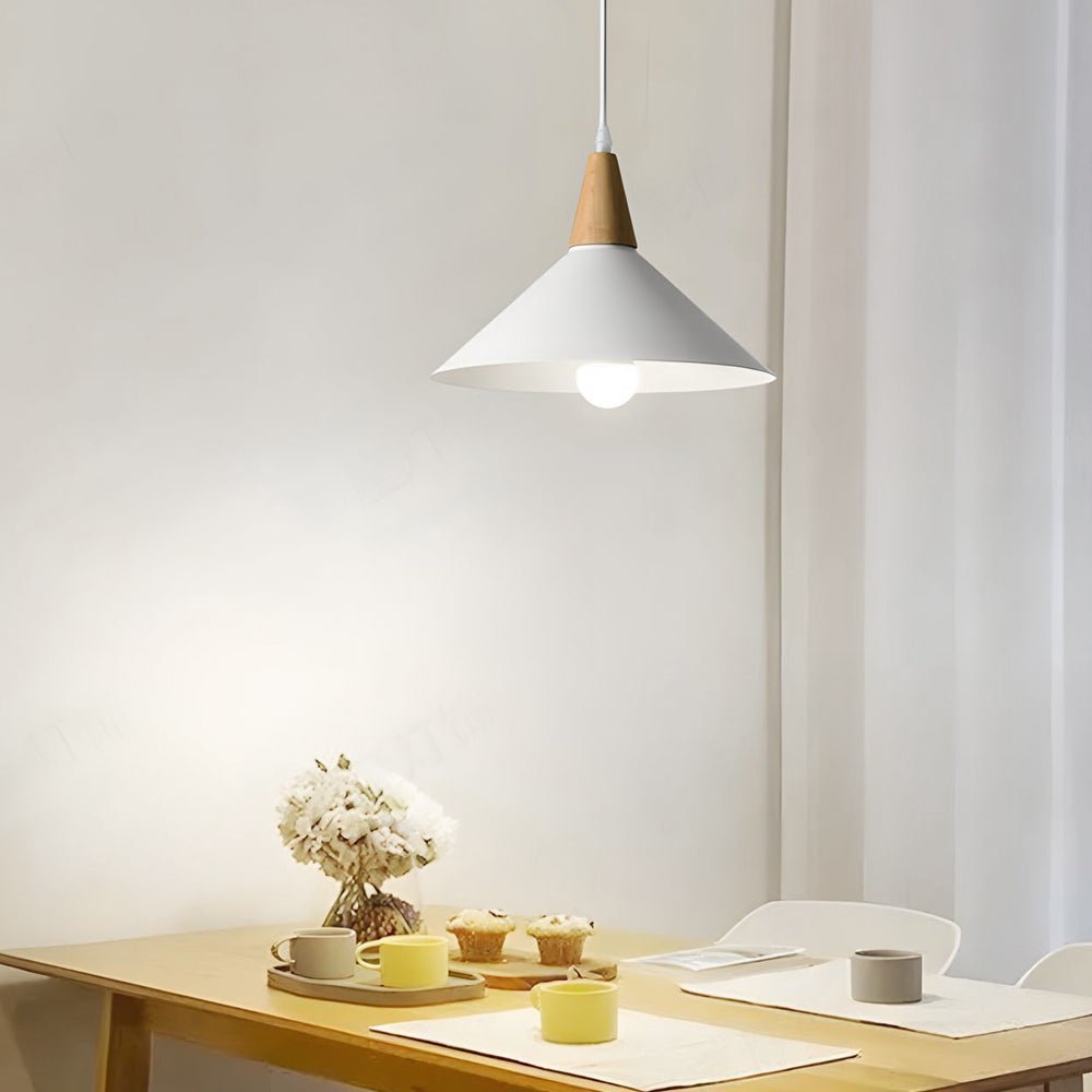 nordic metal cone pendant light in white with wooden top 1 light design