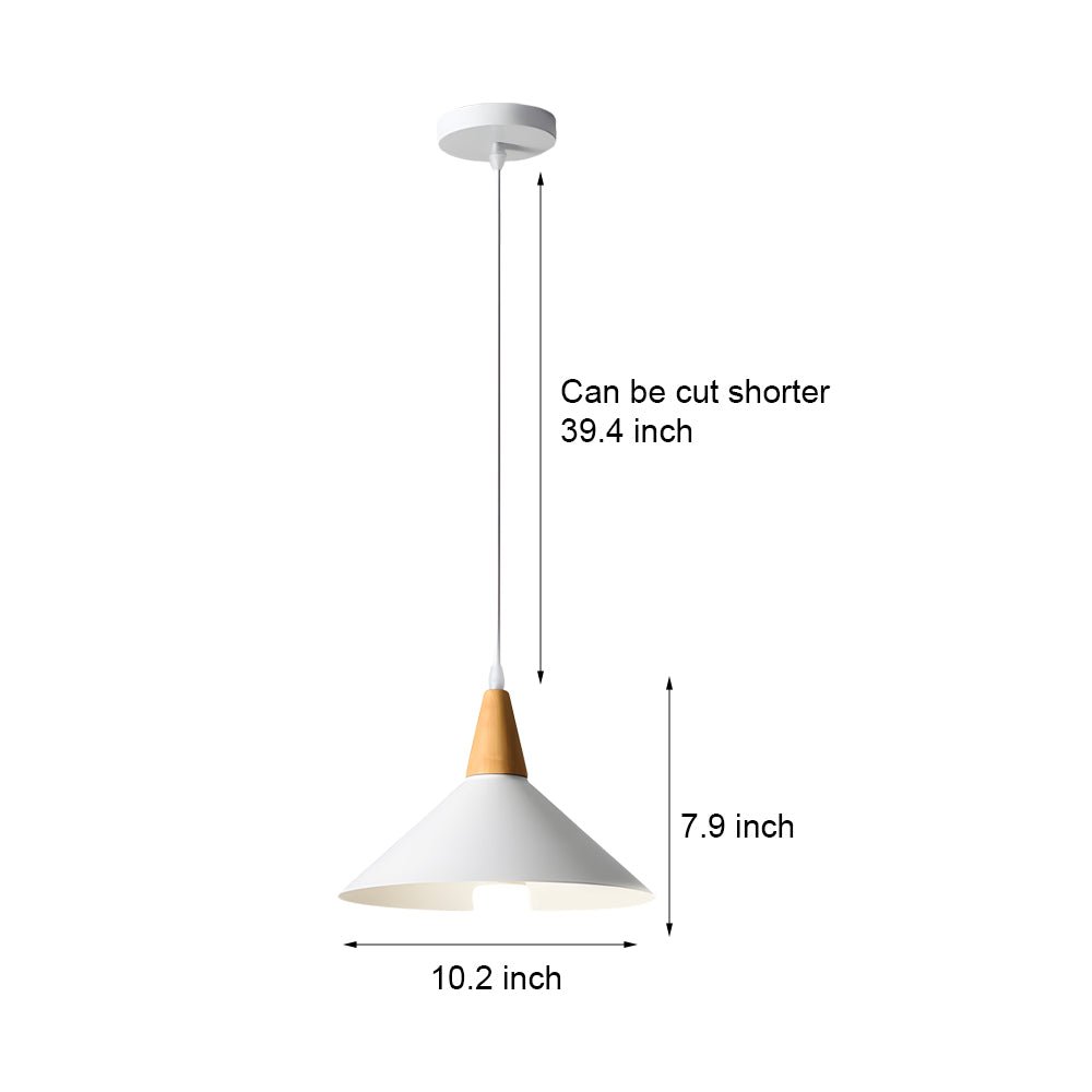 nordic metal cone pendant light in white with wooden top 1 light design