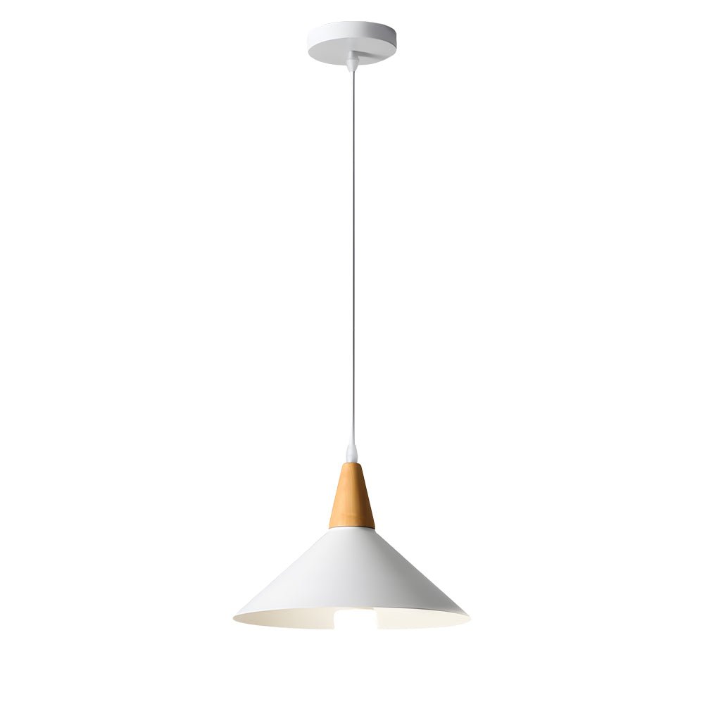 nordic metal cone pendant light in white with wooden top 1 light design