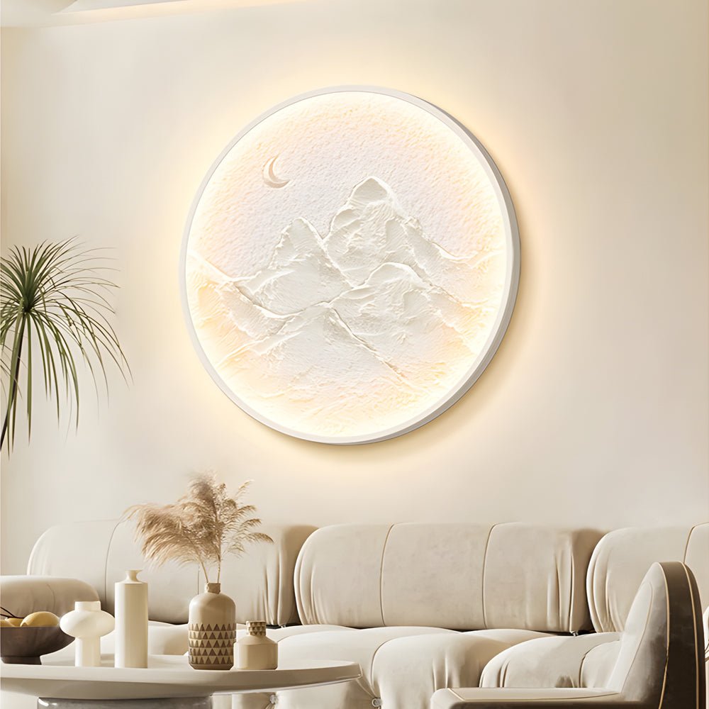Round Mountain & Moon LED Wall Sconce — Modern Wall Art, Full or Crescent, 19.7" or 23.6"