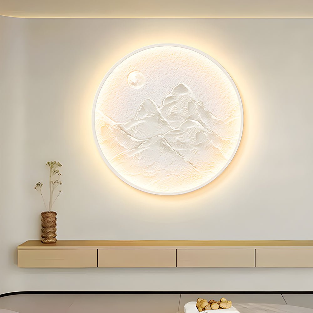 Round Mountain & Moon LED Wall Sconce — Modern Wall Art, Full or Crescent, 19.7" or 23.6"
