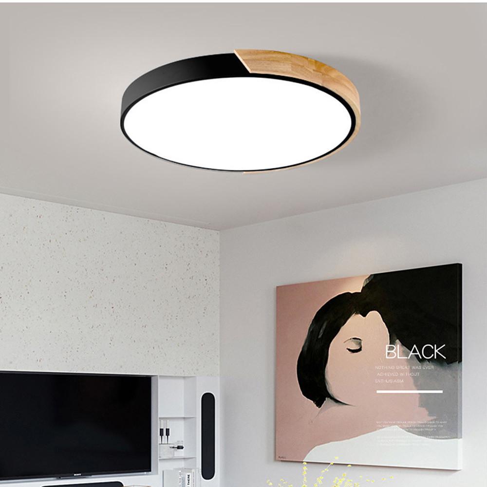 Circular Wood Flush-Mount Ceiling Light — Metal & PVC, LED, 16", 24W, Three-Step Dimming, Remote Control