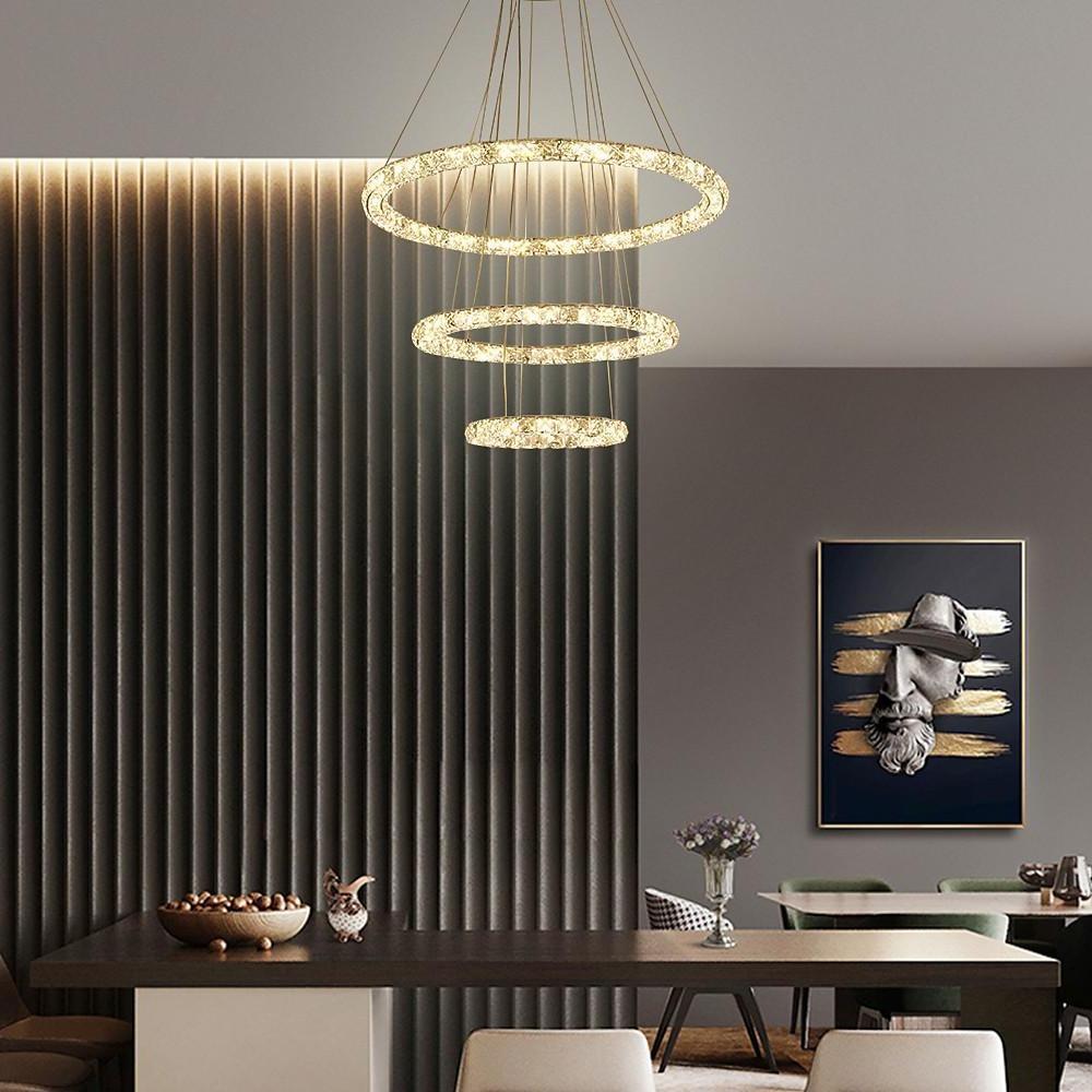 Tiered Crystal Ring Chandelier — Metal & Crystal, LED 3000K, 3-Ring or 4-Ring, 39" Adjustable Cord
