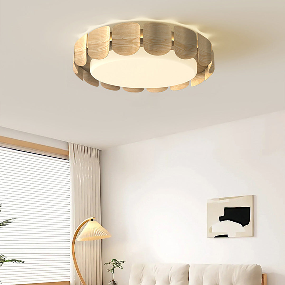 Full-Spectrum Eye-Care LED Flush Mount — Wood Grain & Iron, 39W, 3-Step Dimming (3000K/4000K/6000K), High-CRI 97, 19.69"