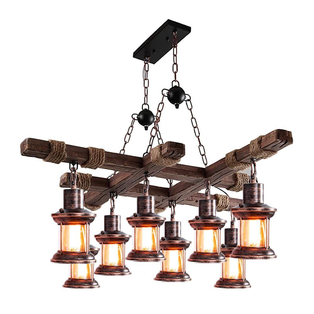 Vintage Farmhouse Geometric Chandelier — Wood and Glass, 39" Adjustable Cord, LED-Compatible