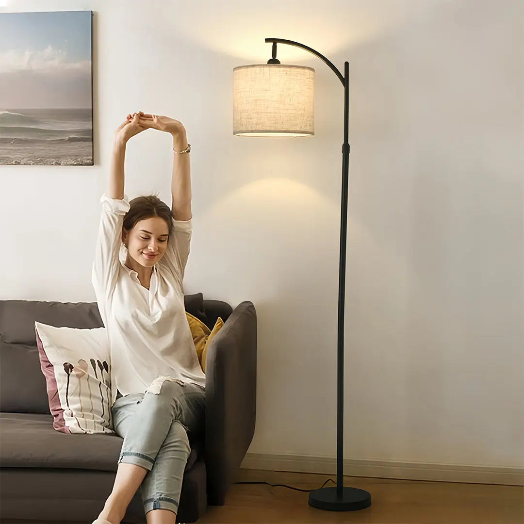 Minimalist Arc Floor Lamp with Fabric Shade - Metal Arched Lamp for Living Room Luxe