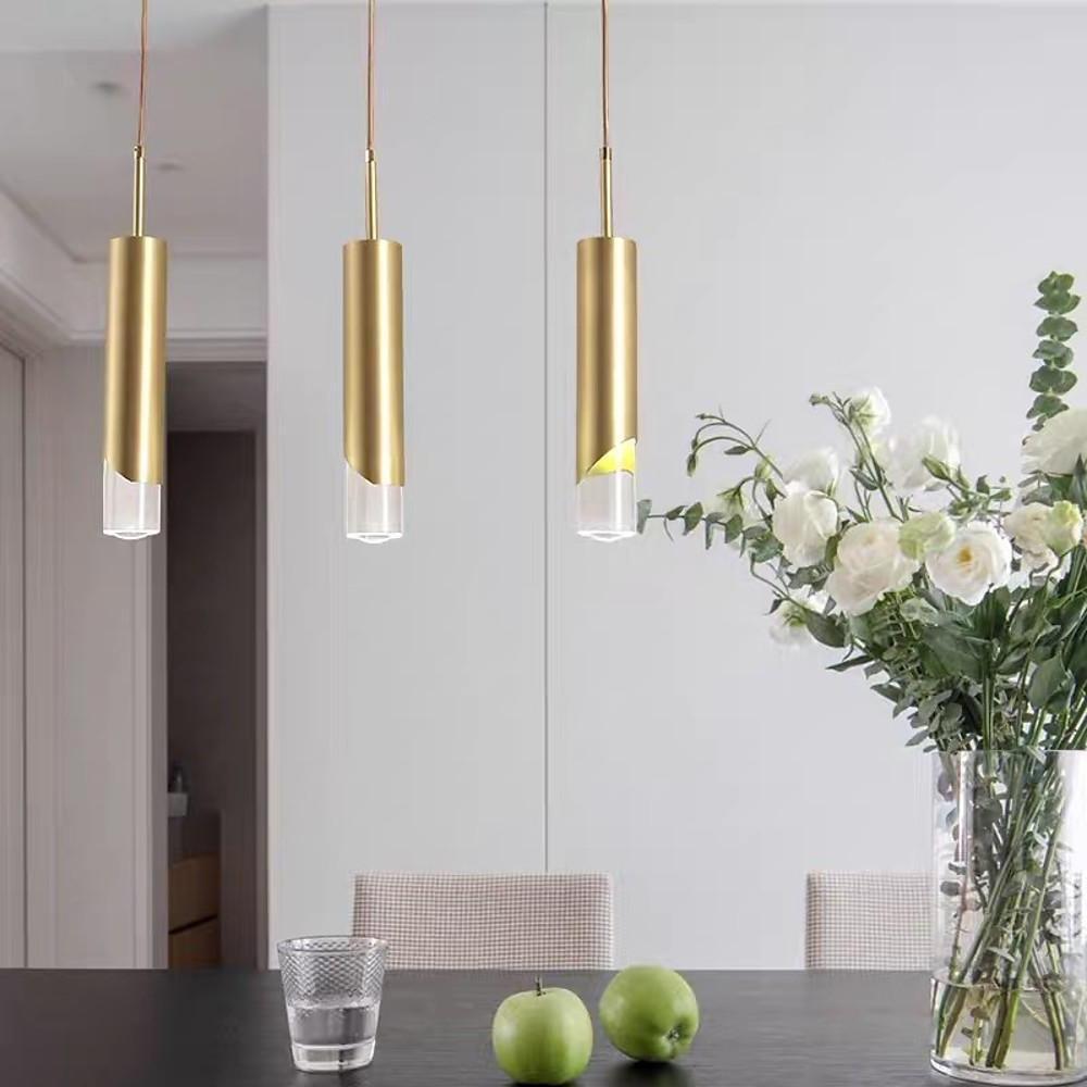 Crystal Column Mini Pendant — Gold-Finish Iron, Elongated Cylinder, GU10 LED, 3-Step Dimming, 2700K / 6000K