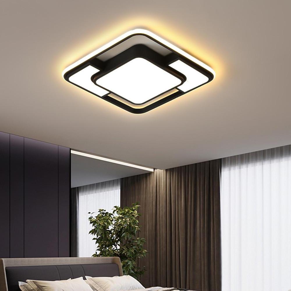 Square Geometric LED Flush-Mount Ceiling Light — Acrylic, 3-Step Dimming, Remote Control, Black or Gold