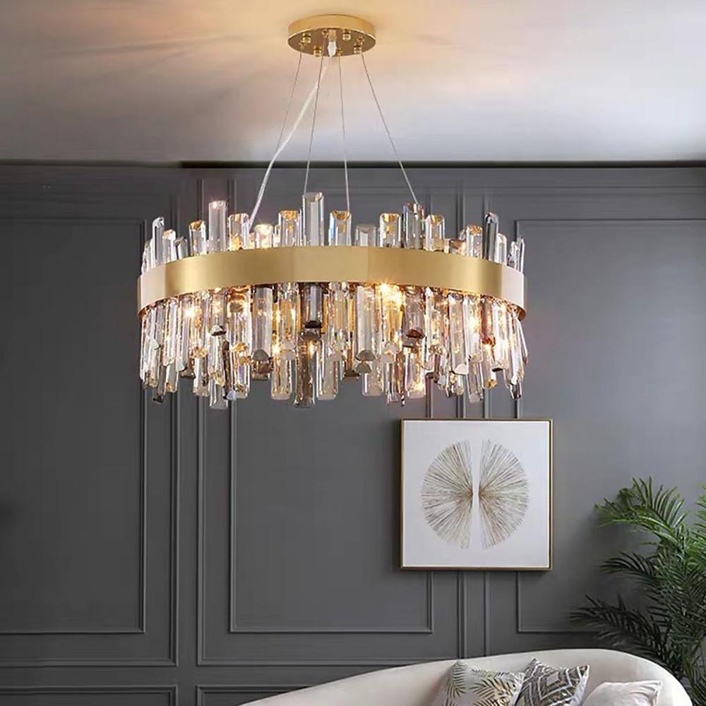 8-Light Round Crystal Chandelier — Gold Stainless Steel, Modern Lantern, LED E12/E14, 20" Diameter