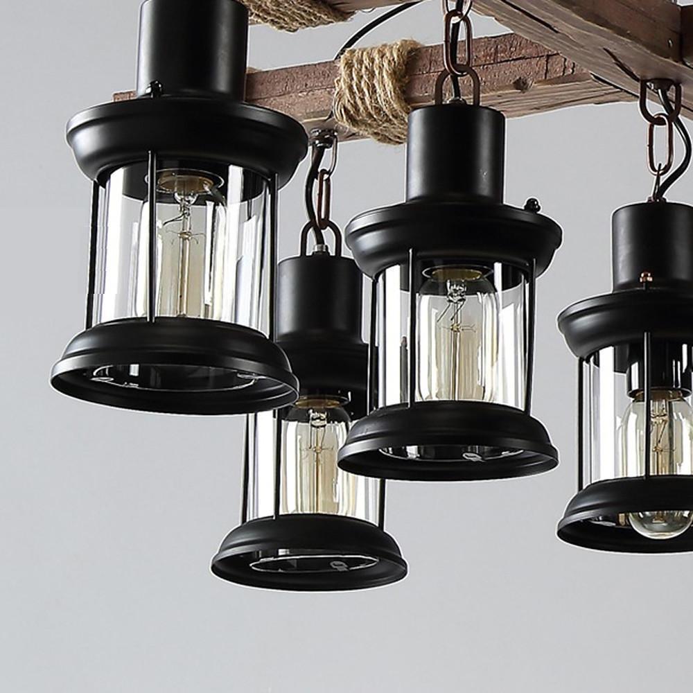 Vintage Farmhouse Geometric Chandelier — Wood and Glass, 39" Adjustable Cord, LED-Compatible