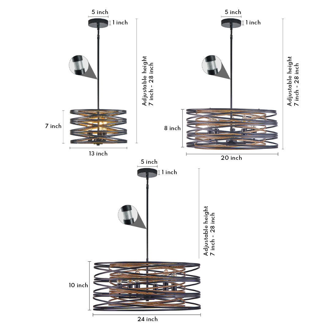 Round Drum Pendant Light — Black Iron, Walnut Wood Texture, Iron Cage, E12, 12.6" / 19.7" / 23.6"