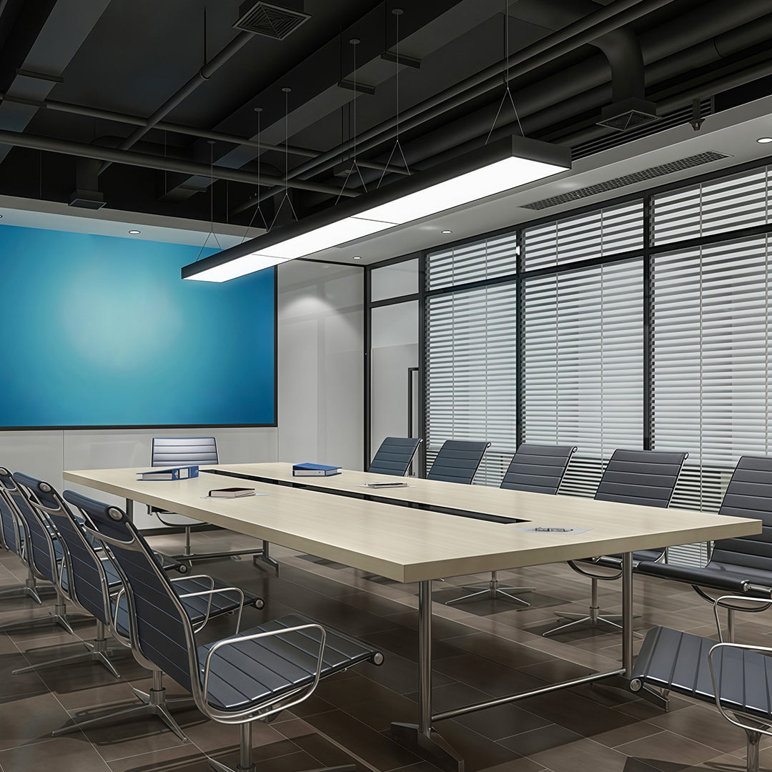 Modern Linear Rectangular Chandelier — Black Aluminum, White Acrylic, Integrated LED, Adjustable Chain