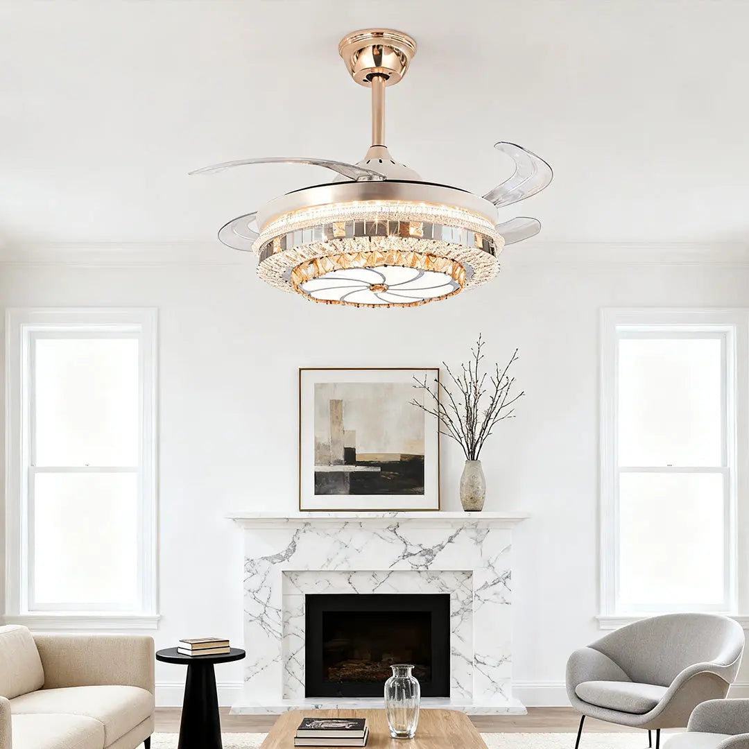 Gold 4-Blade Ceiling Fan with Crystal Light Design and Invisible Lamp Luxe