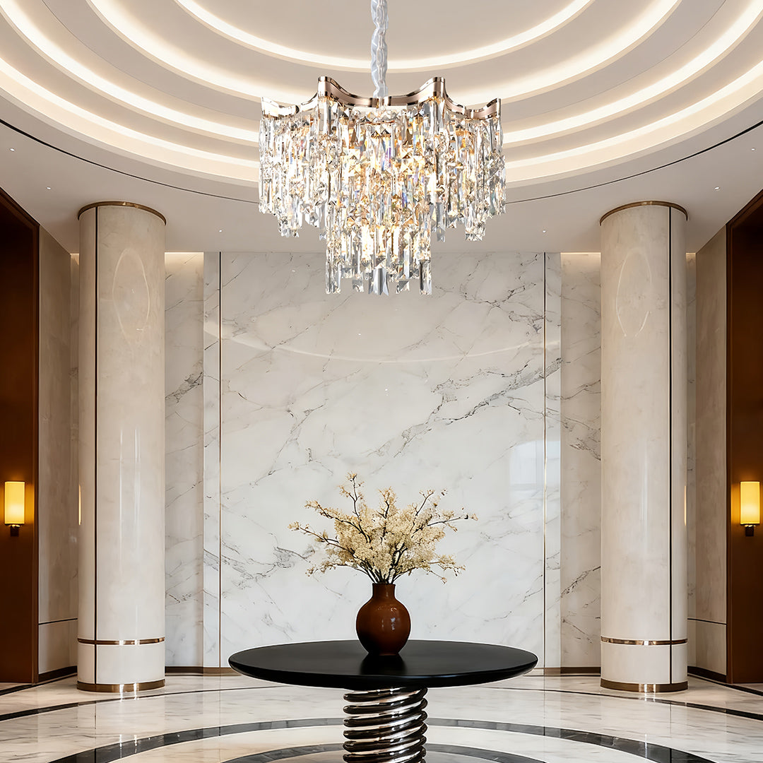 Tiered Waterfall Crystal Chandelier — Gold, K9 Crystal, Three-Color Dimming, 23.6" or 31.5"